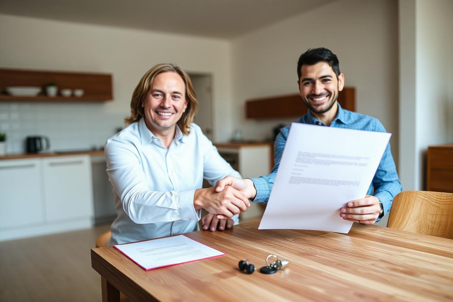 A happy landlord shaking hands with a property manager after a successful guaranteed rent agreement
